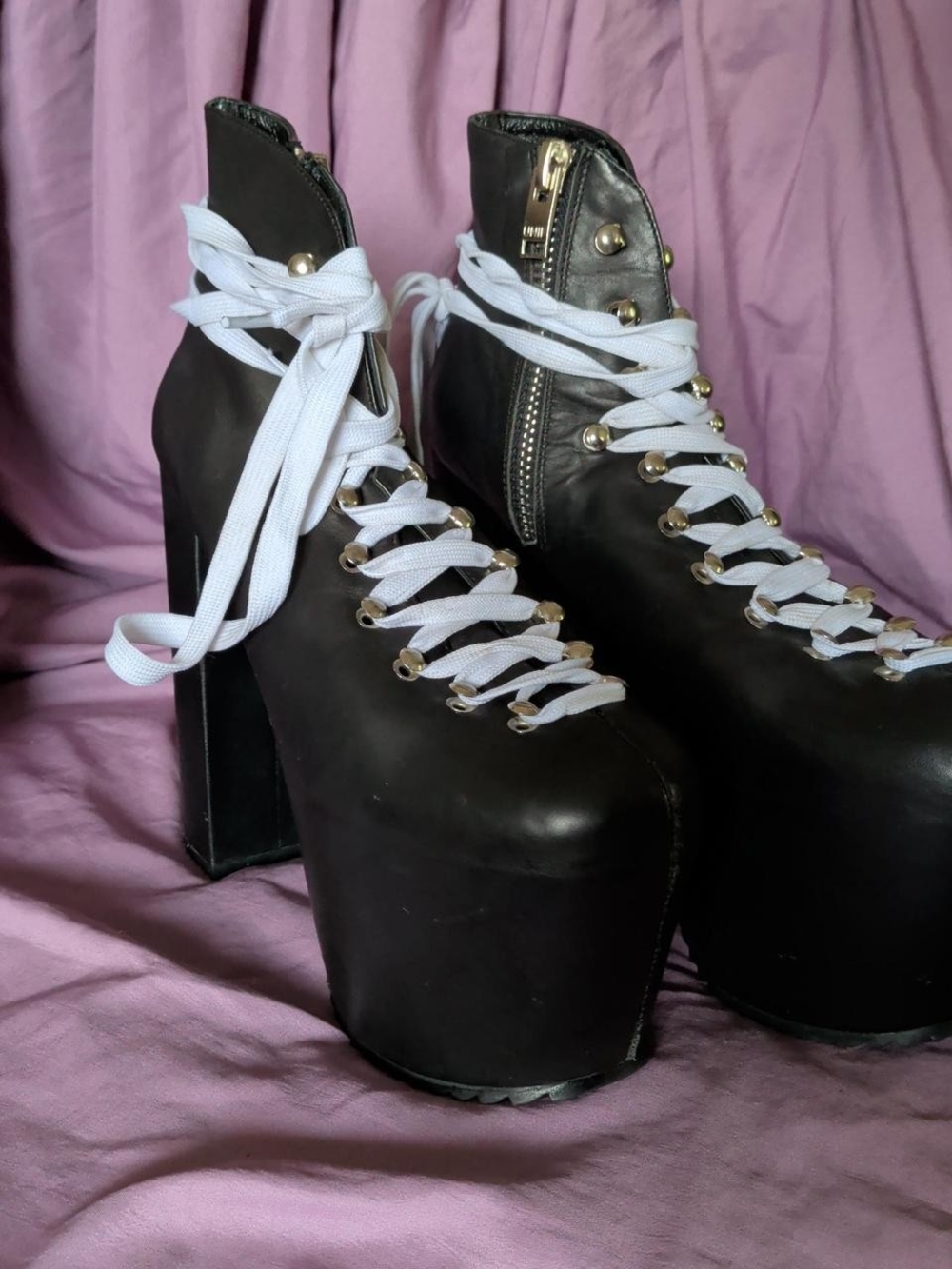 UNIF Black Platform Lace-Up Ankle Boots with White Laces